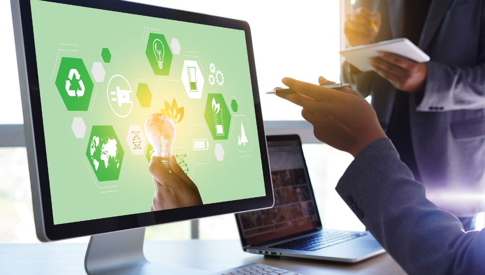 Schermo pc con icone ESG e di sostenibilità